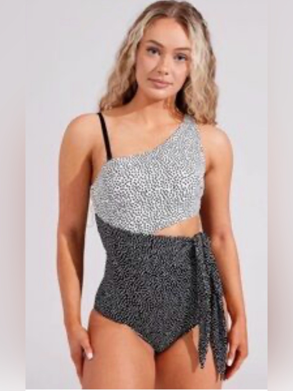 Buff Bunny One-Shoulder Black and White Speckled Swim Suit